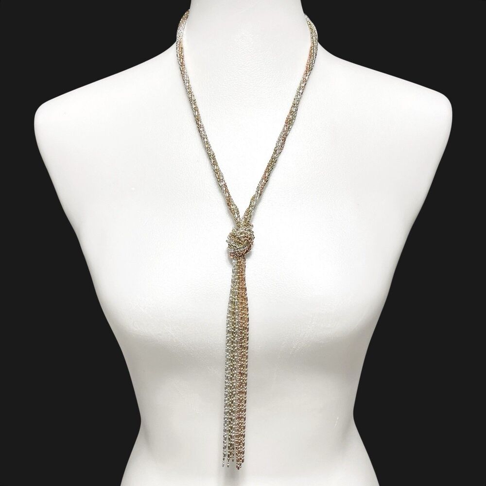 Mixed Metal Multi Strand Necklace Knotted Bead Ball Chain Fringe Tassel Twist